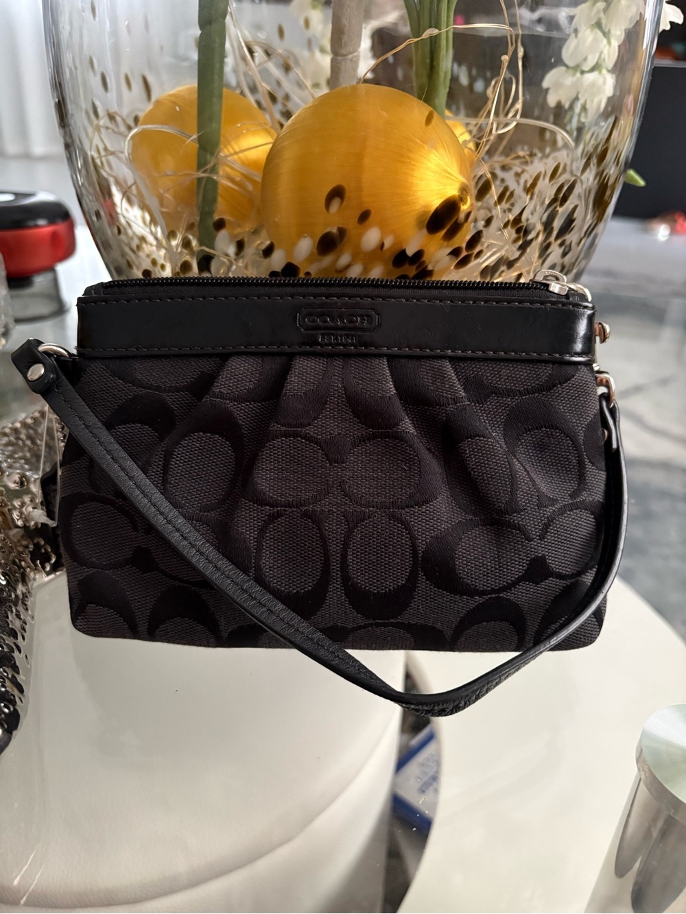 Coach Black Signature Canvas Wristlet with Leather Trim